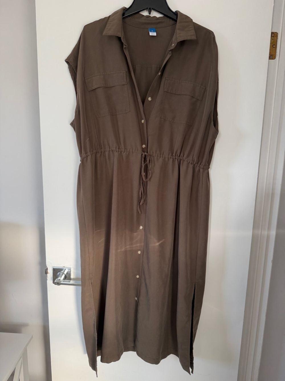 Sleeveless Shirt Dress with Drawstring Waist - Brown